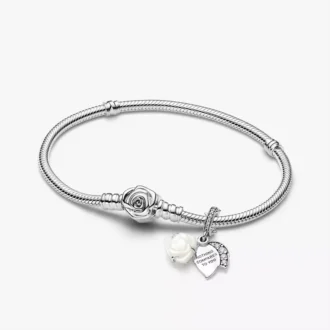 Armbandset mit zwei doppelten Dangle Charms „Weiße Rose in voller Blüte“ (2er-Set)