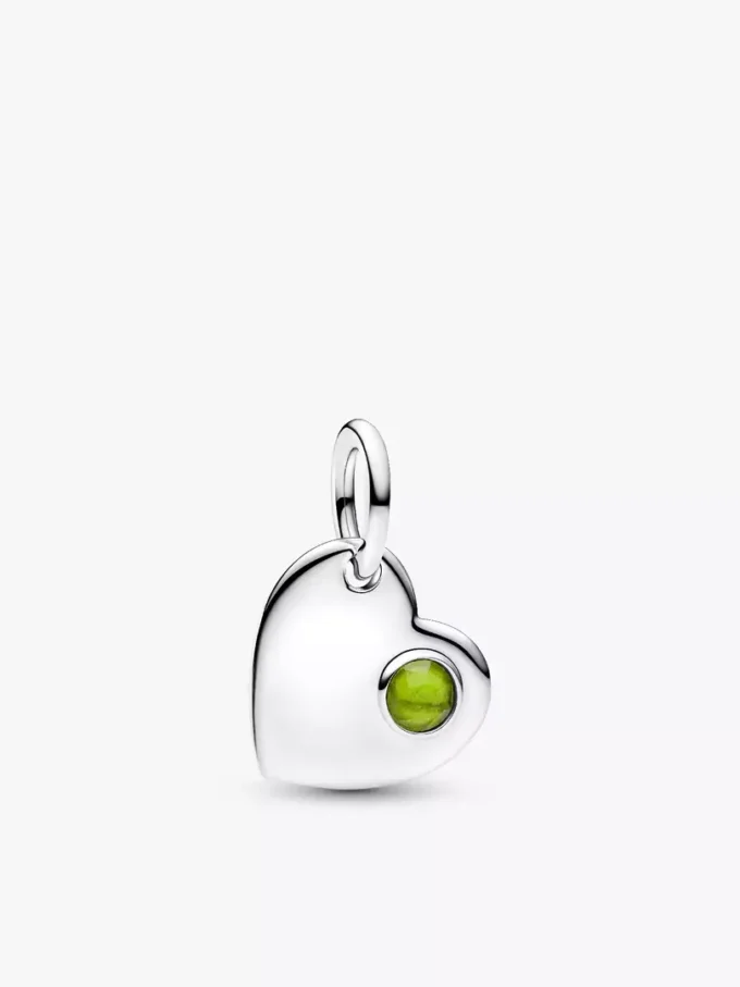 August gravierbarer Herz-Dangle Charm mit frühlingsgrünem Stein, Sterlingsilber August gravierbarer Herz-Dangle Charm mit frühlingsgrünem Stein, Sterlingsilber