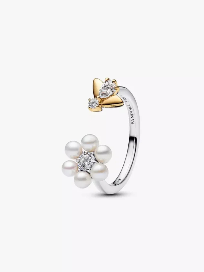 Bridgerton-Biene & behandelte Süßwasser-Zuchtperle in Blumenform, offener Ring aus Sterlingsilber, 14 Karat vergoldet Bridgerton-Biene & behandelte Süßwasser-Zuchtperle in Blumenform, offener Ring aus Sterlingsilber, 14 Karat vergoldet