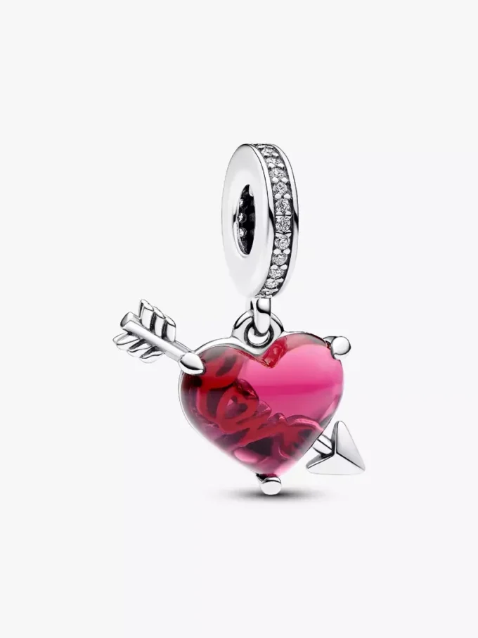 Dangle Charm aus Murano Glass mit rotem Herz und Pfeil, Sterlingsilber