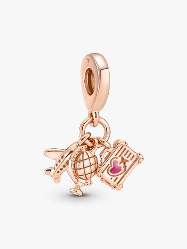 Dangle Charm mit Flugzeug, Globus und Koffer – 14 Karat Roségold-Beschichtung Dangle Charm mit Flugzeug, Globus und Koffer – 14 Karat Roségold-Beschichtung