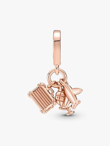 Dangle Charm mit Flugzeug, Globus und Koffer – 14 Karat Roségold-Beschichtung Dangle Charm mit Flugzeug, Globus und Koffer – 14 Karat Roségold-Beschichtung