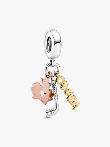 Dangle Charm mit Kanada, Ahornblatt und Hockeyschläger – Sterlingsilber, 14-karätige Vergoldung, 14-karätige Roségoldvergoldung Dangle Charm mit Kanada, Ahornblatt und Hockeyschläger – Sterlingsilber, 14-karätige Vergoldung, 14-karätige Roségoldvergoldung