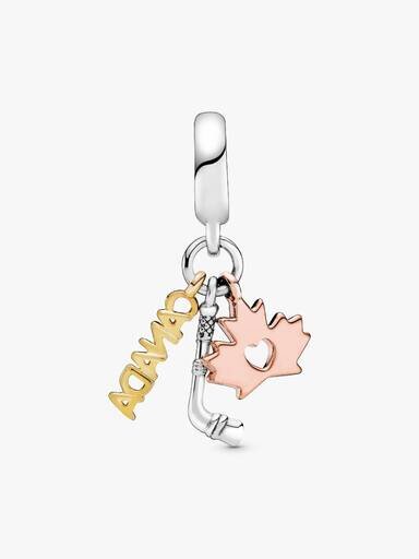 Dangle Charm mit Kanada, Ahornblatt und Hockeyschläger – Sterlingsilber, 14-karätige Vergoldung, 14-karätige Roségoldvergoldung Dangle Charm mit Kanada, Ahornblatt und Hockeyschläger – Sterlingsilber, 14-karätige Vergoldung, 14-karätige Roségoldvergoldung