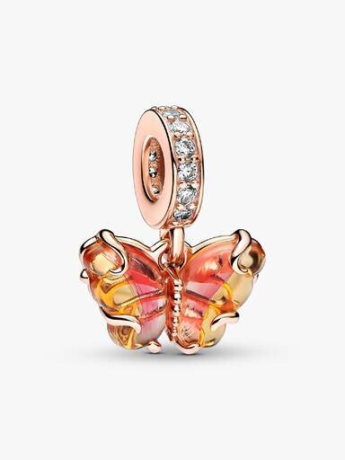 Dangle Charm mit rosa-gelbem Murano Glass-Schmetterling – 14 Karat Roségold-Beschichtung Dangle Charm mit rosa-gelbem Murano Glass-Schmetterling – 14 Karat Roségold-Beschichtung