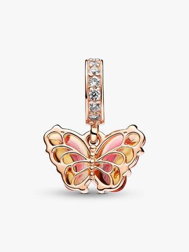 Dangle Charm mit rosa-gelbem Murano Glass-Schmetterling – 14 Karat Roségold-Beschichtung Dangle Charm mit rosa-gelbem Murano Glass-Schmetterling – 14 Karat Roségold-Beschichtung