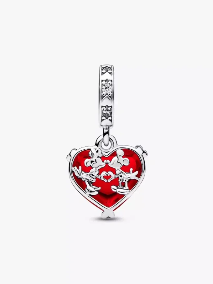 Disney Mickey & Minnie Mouse Kiss Dangle Charm aus rotem Murano Glass, Sterlingsilber