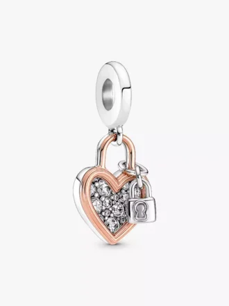 Doppel-Dangle Charm „Herz-Vorhängeschloss“ aus Sterlingsilber, 14 Karat Roségold-Beschichtung