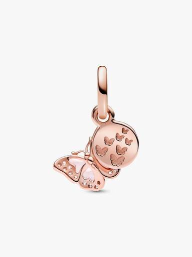 Doppel-Dangle Charm „Pink Butterfly & Quote“ – 14 Karat Roségold-Beschichtung Doppel-Dangle Charm „Pink Butterfly & Quote“ – 14 Karat Roségold-Beschichtung