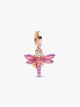 Doppelter Dangle Charm in Form einer rosa Libelle, 14 Karat Roségold-Beschichtung
