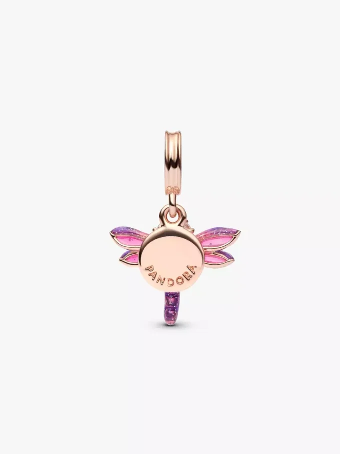 Doppelter Dangle Charm in Form einer rosa Libelle, 14 Karat Roségold-Beschichtung Doppelter Dangle Charm in Form einer rosa Libelle, 14 Karat Roségold-Beschichtung