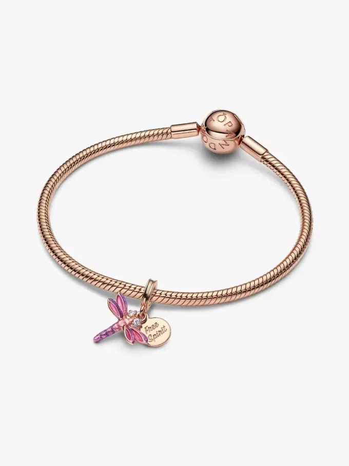 Doppelter Dangle Charm in Form einer rosa Libelle, 14 Karat Roségold-Beschichtung Doppelter Dangle Charm in Form einer rosa Libelle, 14 Karat Roségold-Beschichtung