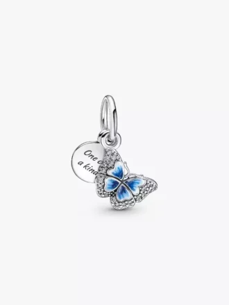 Doppelter Dangle Charm mit blauem Schmetterling und Zitat aus Sterlingsilber