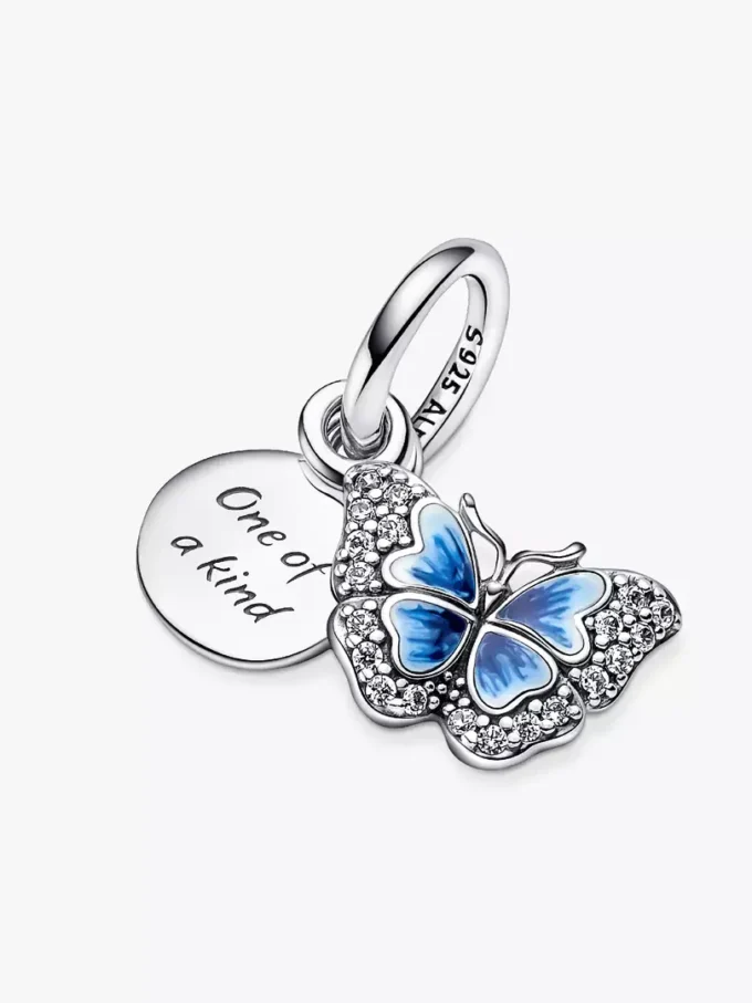 Doppelter Dangle Charm mit blauem Schmetterling und Zitat aus Sterlingsilber Doppelter Dangle Charm mit blauem Schmetterling und Zitat aus Sterlingsilber