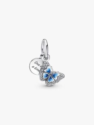 Doppelter Dangle Charm mit blauem Schmetterling und Zitat – Sterlingsilber