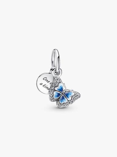 Doppelter Dangle Charm mit blauem Schmetterling und Zitat – Sterlingsilber Doppelter Dangle Charm mit blauem Schmetterling und Zitat – Sterlingsilber