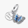 Doppelter Dangle Charm mit blauem Schmetterling und Zitat – Sterlingsilber Doppelter Dangle Charm mit blauem Schmetterling und Zitat – Sterlingsilber