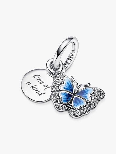 Doppelter Dangle Charm mit blauem Schmetterling und Zitat – Sterlingsilber Doppelter Dangle Charm mit blauem Schmetterling und Zitat – Sterlingsilber