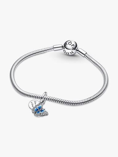 Doppelter Dangle Charm mit blauem Schmetterling und Zitat – Sterlingsilber Doppelter Dangle Charm mit blauem Schmetterling und Zitat – Sterlingsilber