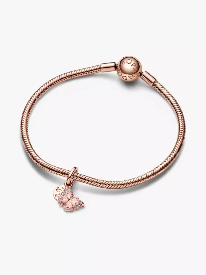 Doppelter Dangle Charm mit rosa Schmetterling und Zitat, 14 Karat Roségold-Beschichtung