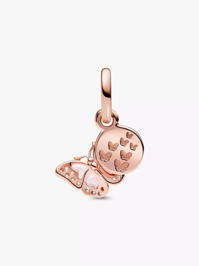 Doppelter Dangle Charm mit rosa Schmetterling und Zitat, 14 Karat Roségold-Beschichtung