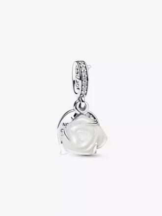 Doppelter Dangle Charm „Weiße Rose in voller Blüte“ aus Sterlingsilber