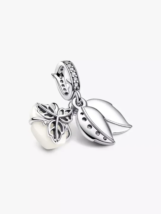 Doppelter Dangle Charm „Weiße Rose in voller Blüte“ aus Sterlingsilber Doppelter Dangle Charm „Weiße Rose in voller Blüte“ aus Sterlingsilber