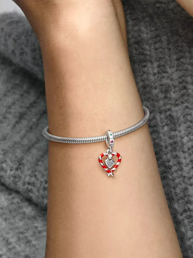 Doppelter Zuckerstangen-Herz-Dangle Charm aus Sterlingsilber Doppelter Zuckerstangen-Herz-Dangle Charm aus Sterlingsilber