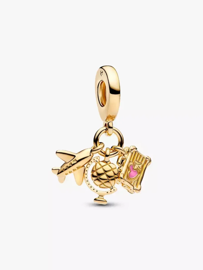Dreifach-Dangle Charm mit Flugzeug, Globus und Koffer, 14-karätige Vergoldung Dreifach-Dangle Charm mit Flugzeug, Globus und Koffer, 14-karätige Vergoldung