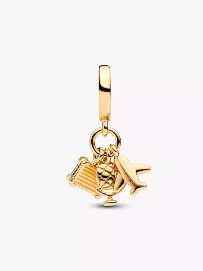 Dreifach-Dangle Charm mit Flugzeug, Globus und Koffer, 14-karätige Vergoldung Dreifach-Dangle Charm mit Flugzeug, Globus und Koffer, 14-karätige Vergoldung