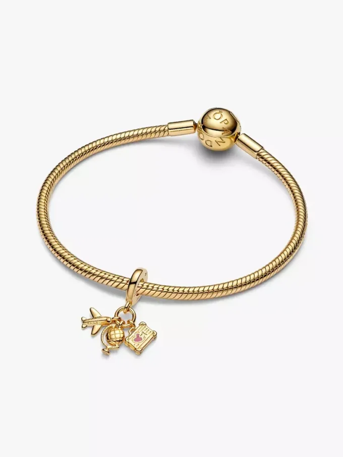 Dreifach-Dangle Charm mit Flugzeug, Globus und Koffer, 14-karätige Vergoldung Dreifach-Dangle Charm mit Flugzeug, Globus und Koffer, 14-karätige Vergoldung