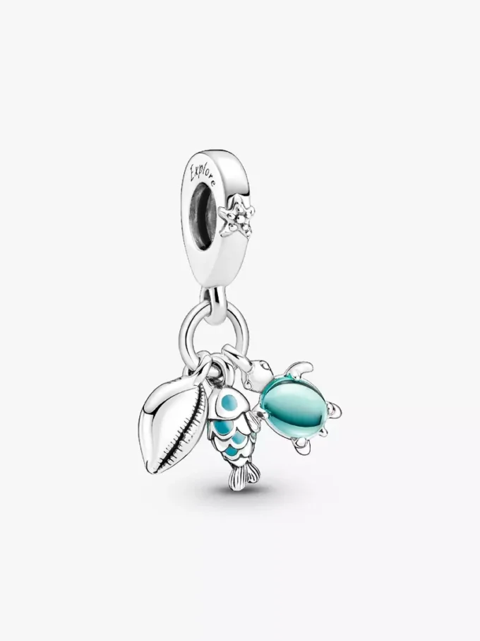 Dreifacher Dangle Charm aus Sterlingsilber mit Fisch, Meeresschildkröte und Muschel Dreifacher Dangle Charm aus Sterlingsilber mit Fisch, Meeresschildkröte und Muschel