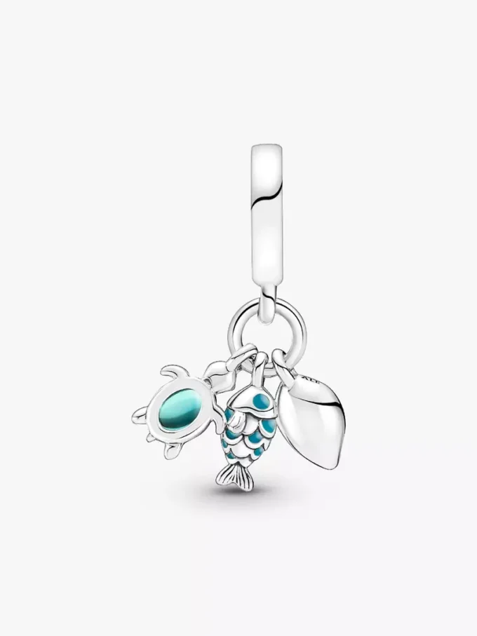 Dreifacher Dangle Charm aus Sterlingsilber mit Fisch, Meeresschildkröte und Muschel Dreifacher Dangle Charm aus Sterlingsilber mit Fisch, Meeresschildkröte und Muschel