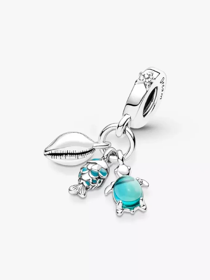 Dreifacher Dangle Charm aus Sterlingsilber mit Fisch, Meeresschildkröte und Muschel Dreifacher Dangle Charm aus Sterlingsilber mit Fisch, Meeresschildkröte und Muschel