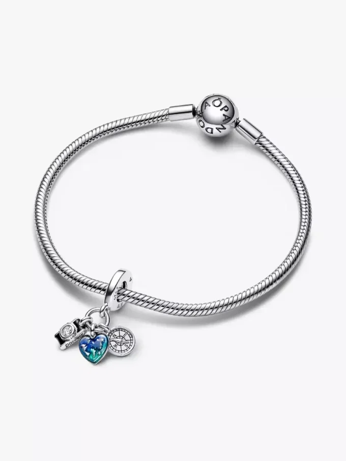 Dreifacher Dangle Charm aus Sterlingsilber mit Kamera, Herz und Kompass