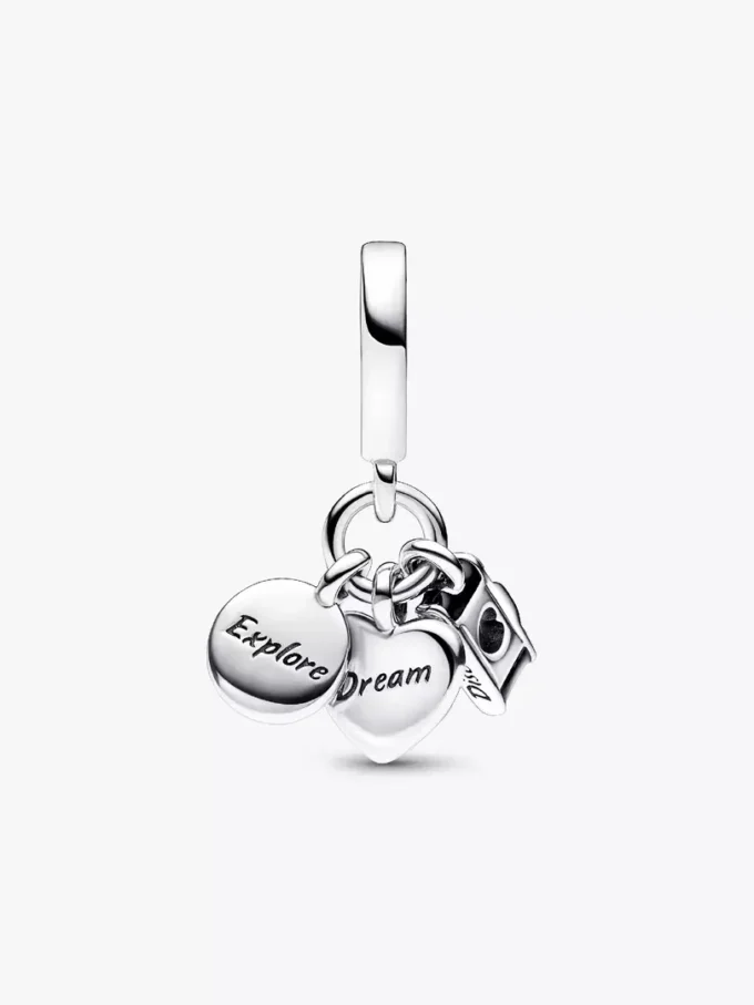 Dreifacher Dangle Charm aus Sterlingsilber mit Kamera, Herz und Kompass