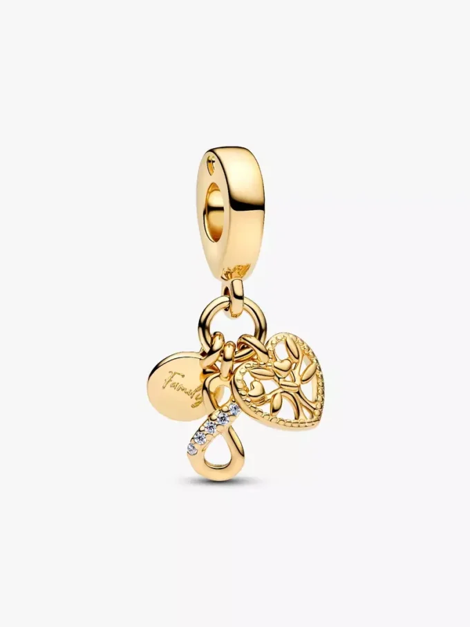 Dreifacher Dangle Charm „Family Infinity“ mit 14-karätiger Vergoldung Dreifacher Dangle Charm „Family Infinity“ mit 14-karätiger Vergoldung