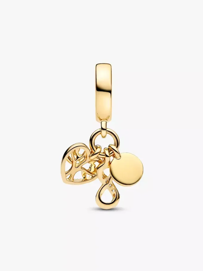 Dreifacher Dangle Charm „Family Infinity“ mit 14-karätiger Vergoldung Dreifacher Dangle Charm „Family Infinity“ mit 14-karätiger Vergoldung
