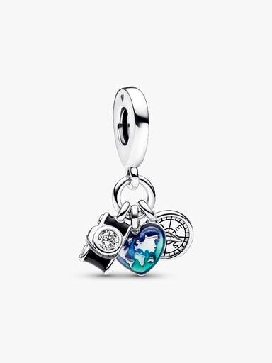 Dreifacher Dangle Charm „Kamera, Herz & Kompass“ – Sterlingsilber Dreifacher Dangle Charm „Kamera, Herz & Kompass“ – Sterlingsilber