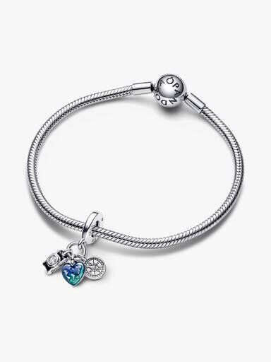Dreifacher Dangle Charm „Kamera, Herz & Kompass“ – Sterlingsilber Dreifacher Dangle Charm „Kamera, Herz & Kompass“ – Sterlingsilber
