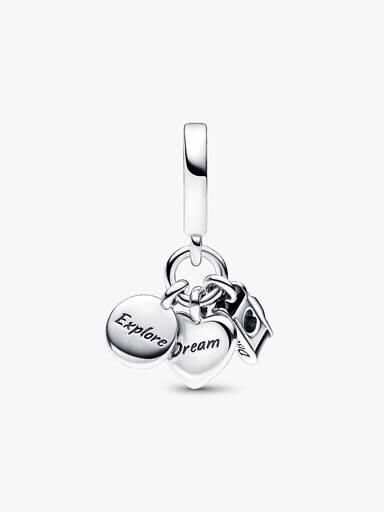 Dreifacher Dangle Charm „Kamera, Herz & Kompass“ – Sterlingsilber Dreifacher Dangle Charm „Kamera, Herz & Kompass“ – Sterlingsilber