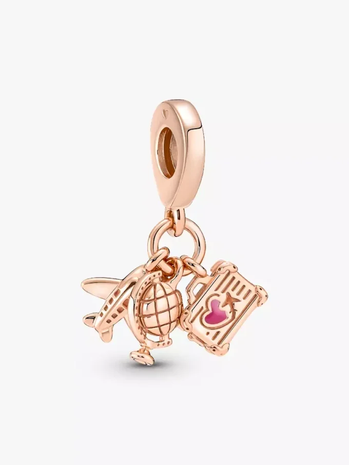 Dreifacher Dangle Charm mit Flugzeug, Globus und Koffer, 14 Karat Roségold-Beschichtung Dreifacher Dangle Charm mit Flugzeug, Globus und Koffer, 14 Karat Roségold-Beschichtung