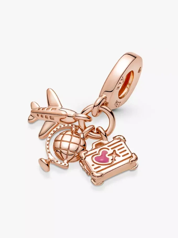 Dreifacher Dangle Charm mit Flugzeug, Globus und Koffer, 14 Karat Roségold-Beschichtung Dreifacher Dangle Charm mit Flugzeug, Globus und Koffer, 14 Karat Roségold-Beschichtung