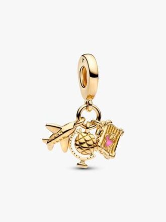 Dreifacher Dangle Charm mit Flugzeug, Globus und Koffer – 14-karätige Vergoldung Dreifacher Dangle Charm mit Flugzeug, Globus und Koffer – 14-karätige Vergoldung