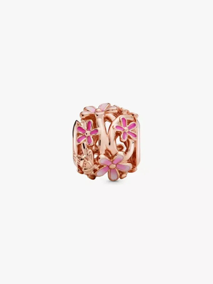 Durchbrochener rosa Gänseblümchen-Charm, 14 Karat Roségold-Beschichtung Durchbrochener rosa Gänseblümchen-Charm, 14 Karat Roségold-Beschichtung