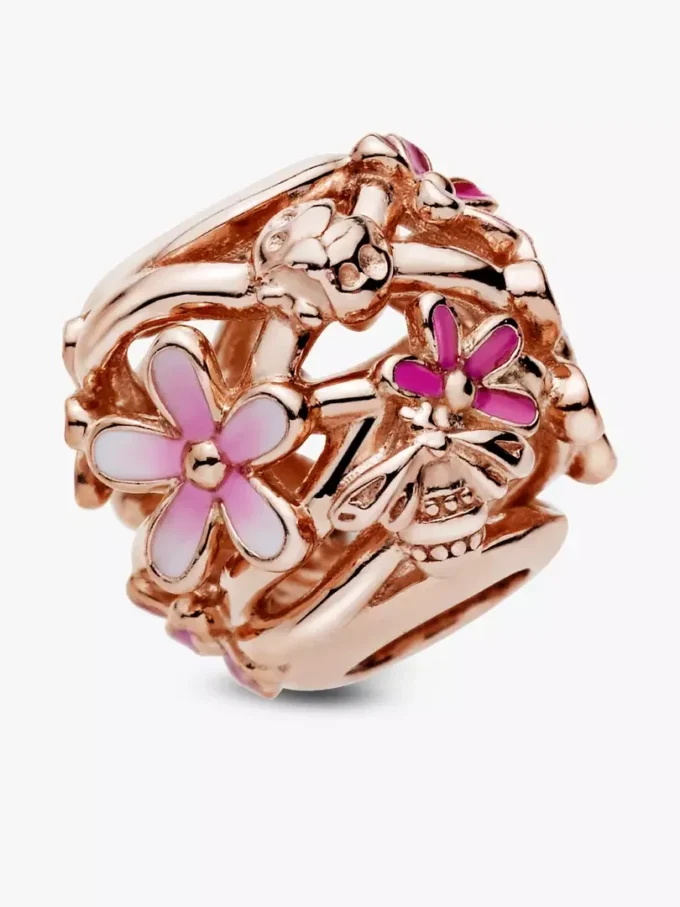 Durchbrochener rosa Gänseblümchen-Charm, 14 Karat Roségold-Beschichtung Durchbrochener rosa Gänseblümchen-Charm, 14 Karat Roségold-Beschichtung