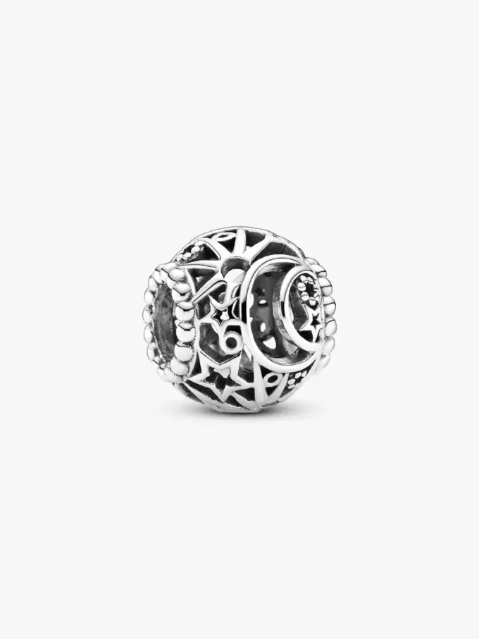 Durchbrochener Sonnen-, Sterne- und Mond-Charm aus Sterlingsilber Durchbrochener Sonnen-, Sterne- und Mond-Charm aus Sterlingsilber