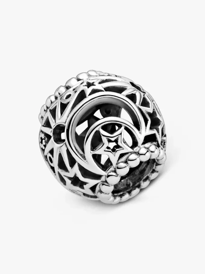 Durchbrochener Sonnen-, Sterne- und Mond-Charm aus Sterlingsilber Durchbrochener Sonnen-, Sterne- und Mond-Charm aus Sterlingsilber