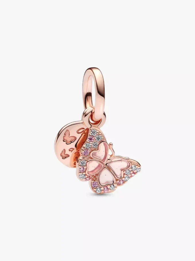 Doppelter Dangle Charm mit rosa Schmetterling und Zitat, 14 Karat Roségold-Beschichtung