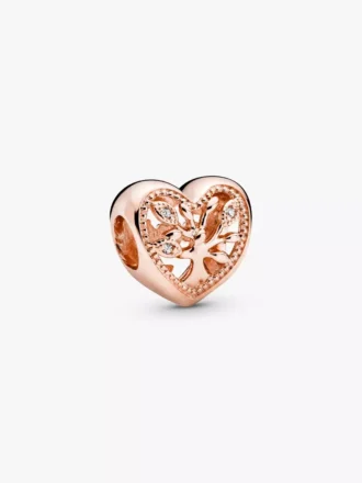 Endgültiger Verkauf – durchbrochener Familienbaum-Herz-Charm, 14 Karat Roségold-Beschichtung